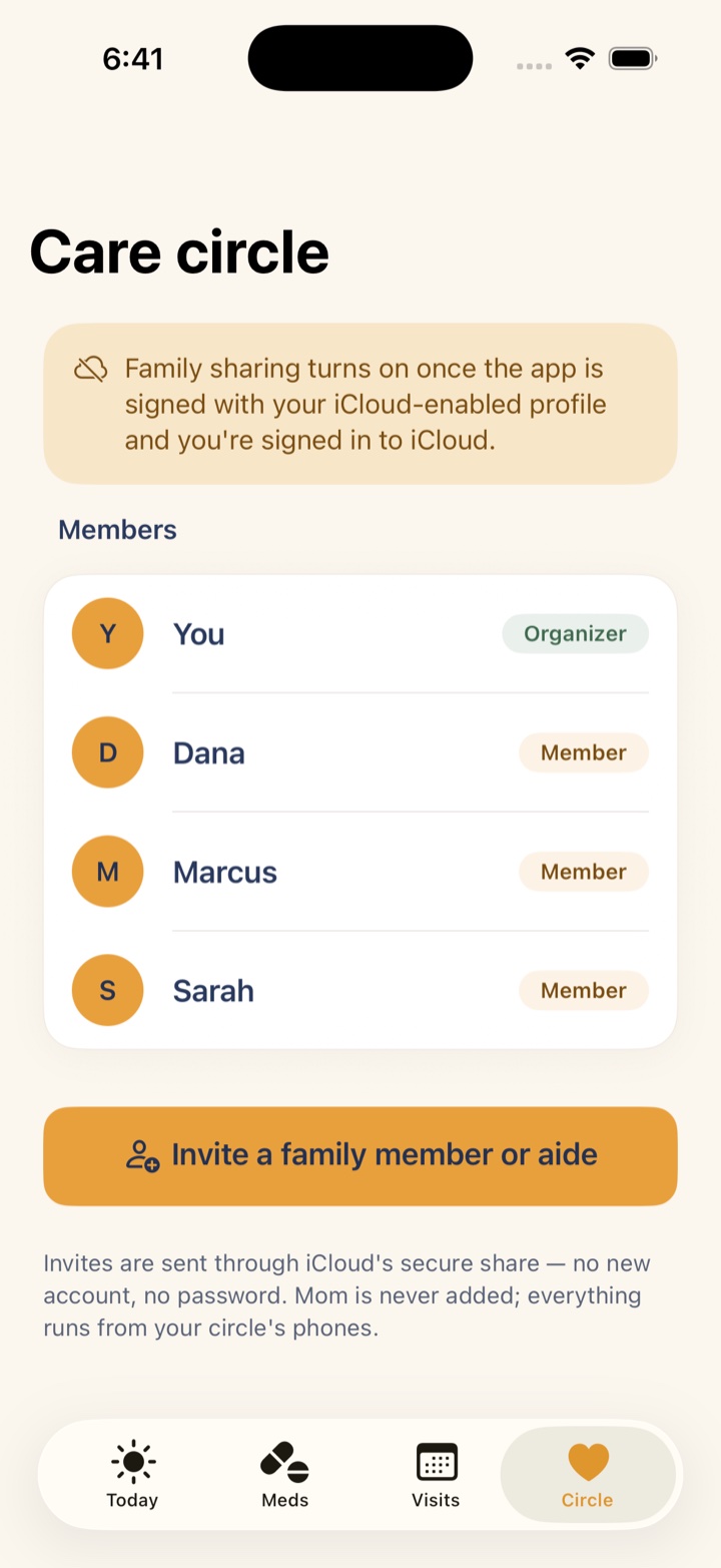 Shared care circle screen showing which family member logged each dose