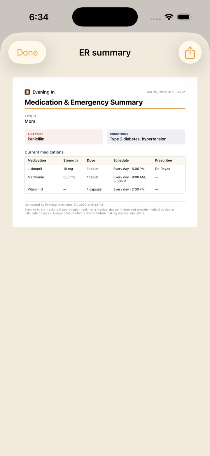 Printable emergency room summary listing a parent's medications and conditions