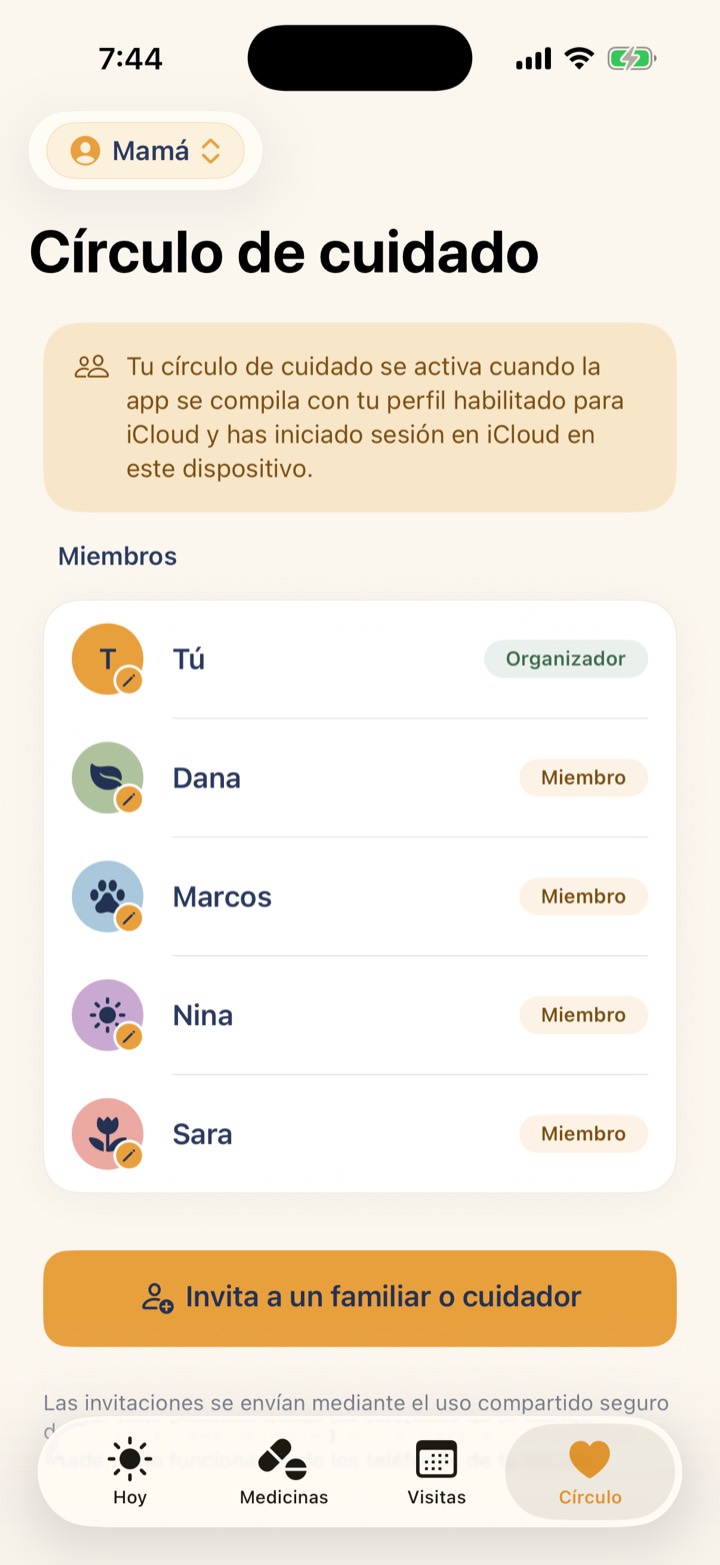 Pantalla del círculo de cuidado compartido que muestra qué familiar registró cada dosis