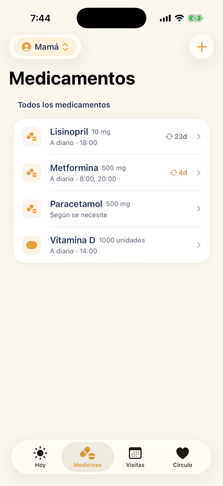 Pantalla con la lista de medicamentos, sus dosis, horarios y avisos de resurtido