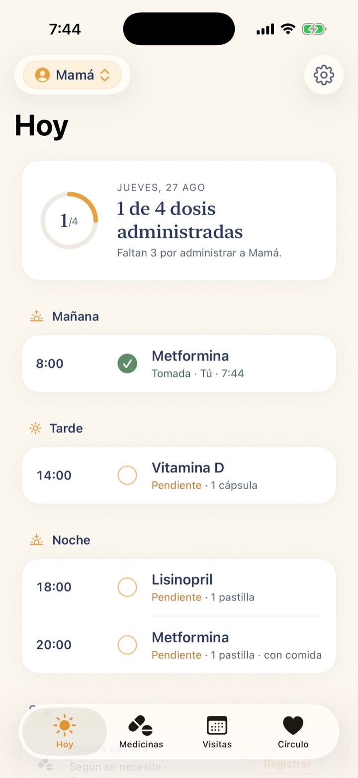 Pantalla Hoy de Evening In con las dosis de un padre mayor pendientes para hoy