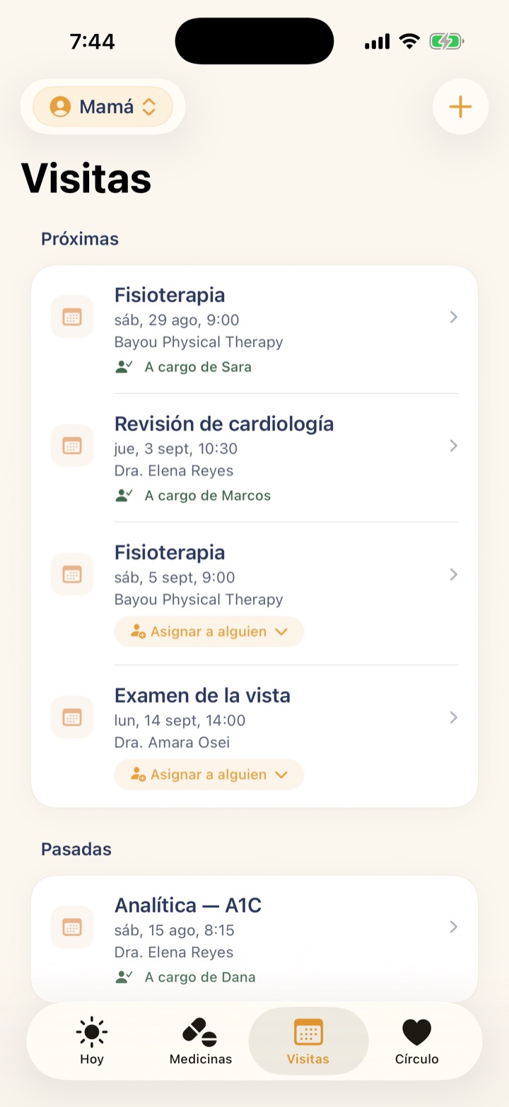 Próximas citas médicas de un padre mayor, compartidas con el círculo de cuidado