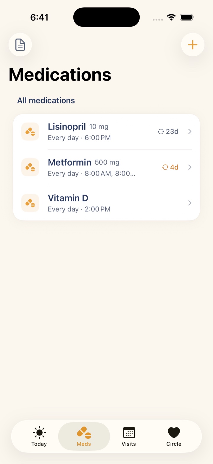 Medication list screen with dosages, schedules, and refill countdowns