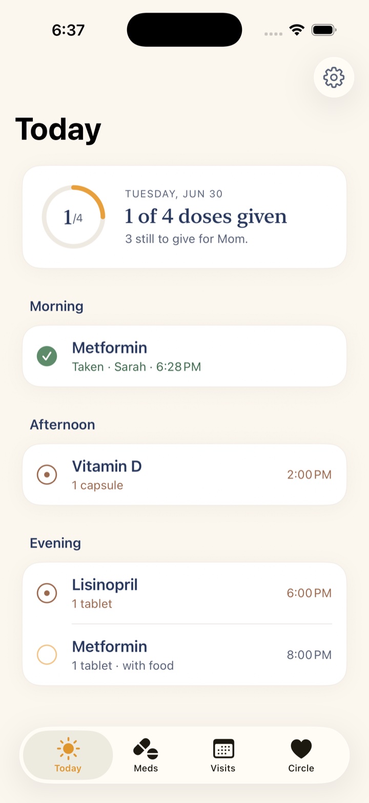 Evening In Today screen showing an aging parent's medication doses due today