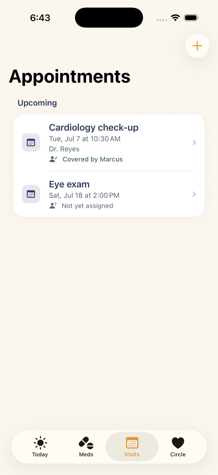 Upcoming doctor appointments for an elderly parent, shared with the care circle